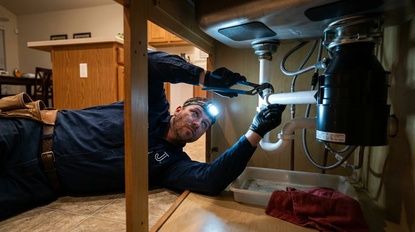 P-trap and supply line connections under a kitchen sink showing a common leak point in Germantown, TN